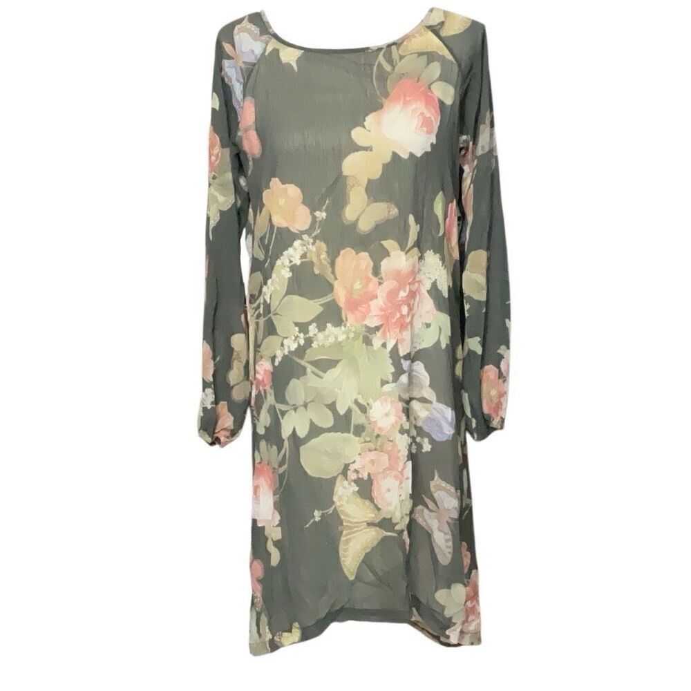 Eureka Christine Garkinos Lined Hi Lo Butterfly Floral Long Sleeve Dress Size Sm